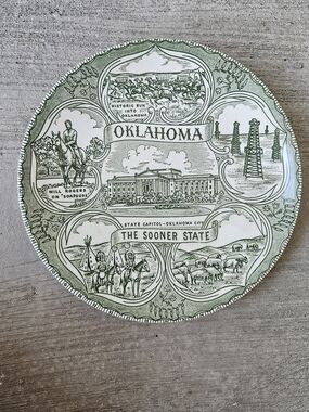Vintage Oklahoma Decorative Souvenir Plate - Green The Sooner State Collector